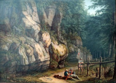 Twee krijgers in een landschap van bomen en rotsen door Jacob Philippe Hackert